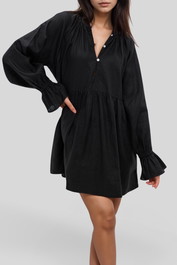 dress hire casual Linen Smock Dress With Frill Sleeve Black