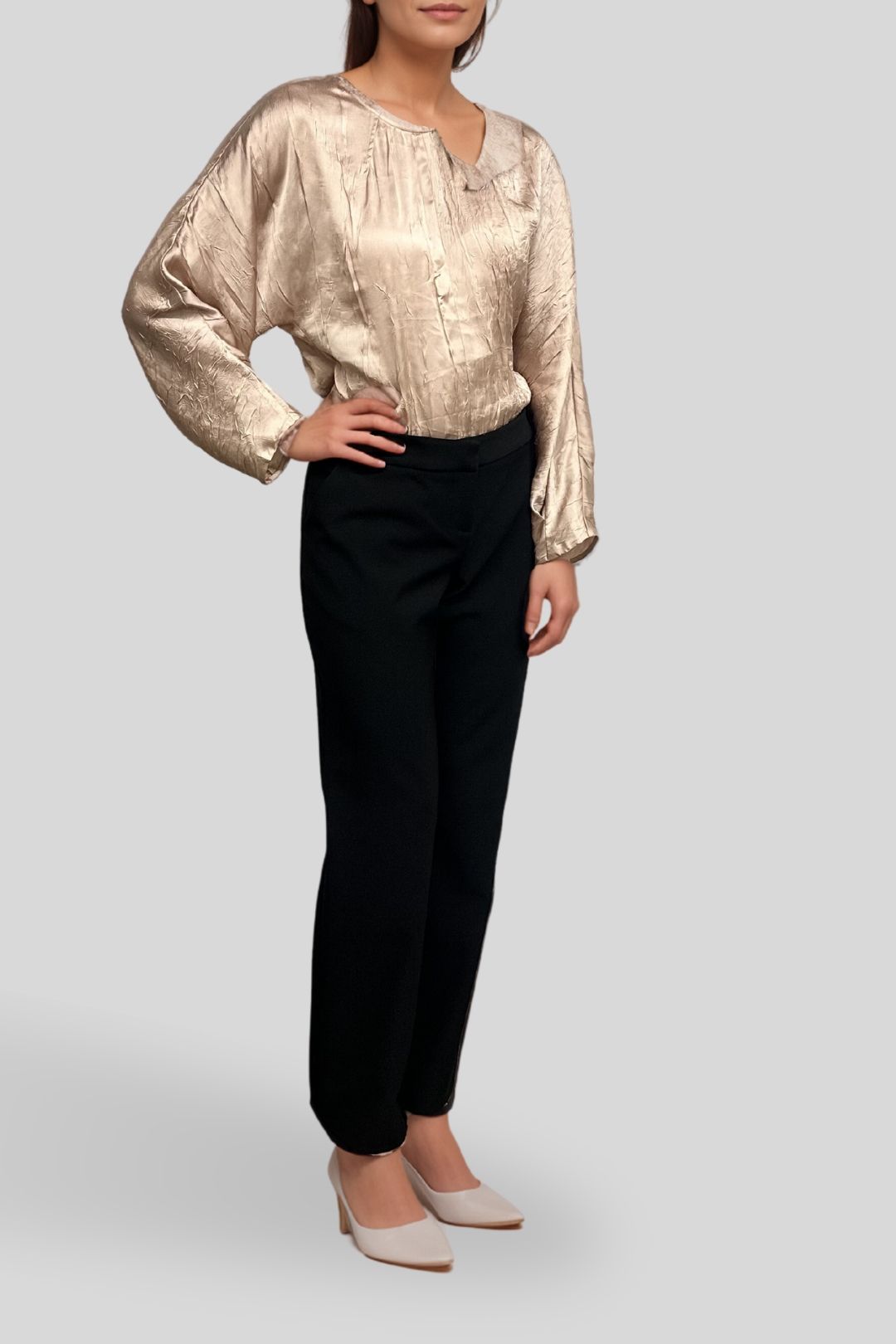 Hire Crushed Satin Batwing Top in Champagne Veronika Maine GlamCorner