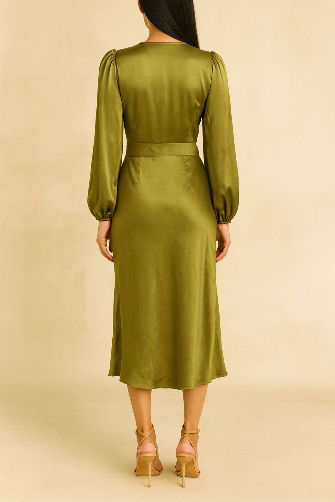 Dress Hire Cocktail AERE Long Sleeve Satin Midi Dress Green