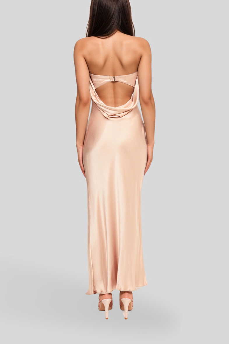 Hire Moon Dance Bias-Cut Low Cowl Back Strapless Maxi Dress in Rose Gold |  Bec and Bridge | GlamCorner