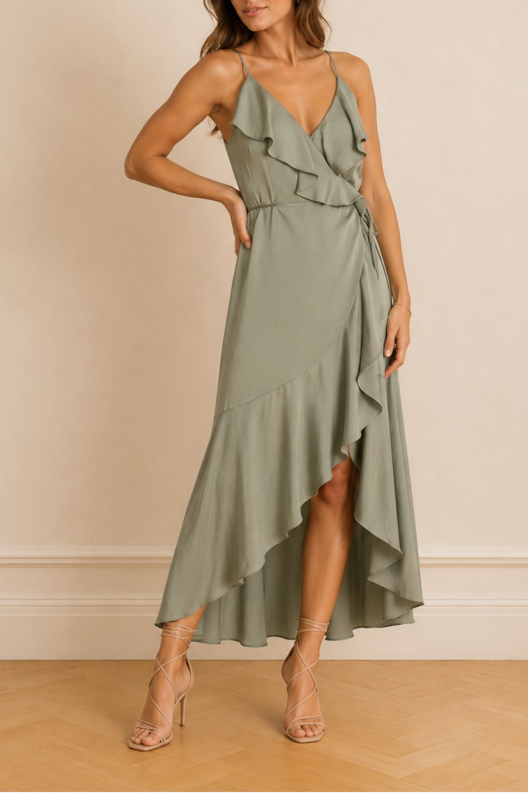 Dress Hire Cocktail Party Shona Joy	Luxe Bias V Neck Frill Midi Dress - Khaki