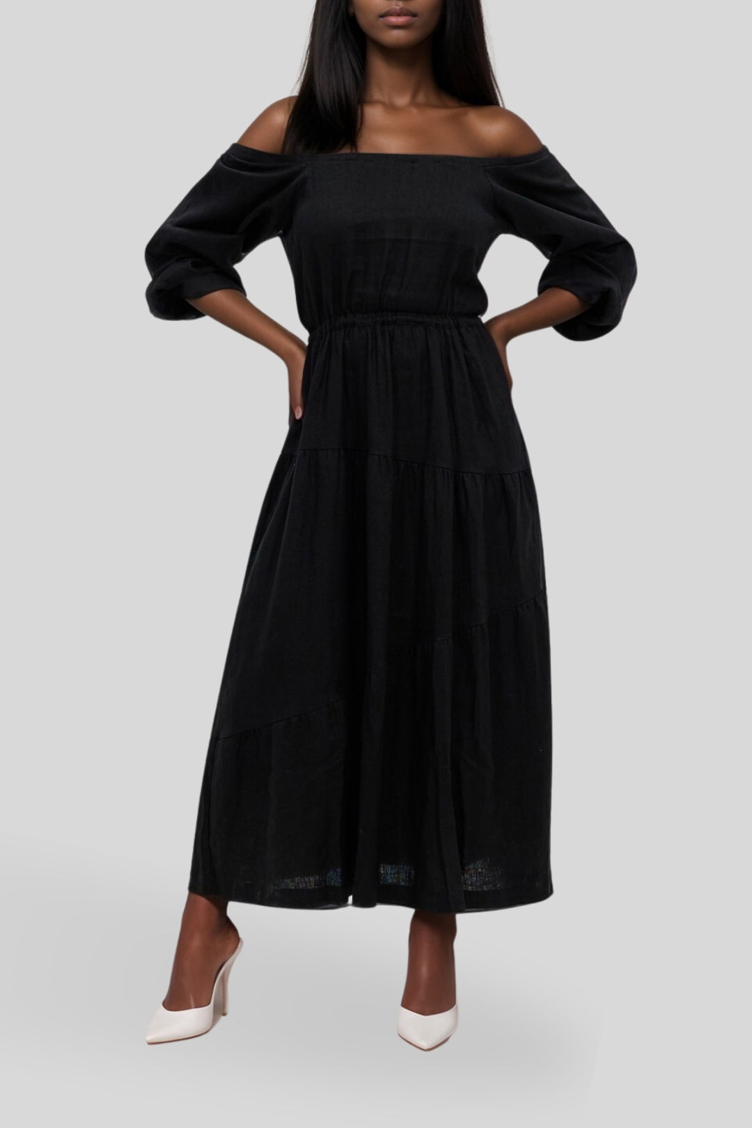 Linen Blend Unique Print Off-The-Shoulder Pleated Resort Maxi Dress main image 1