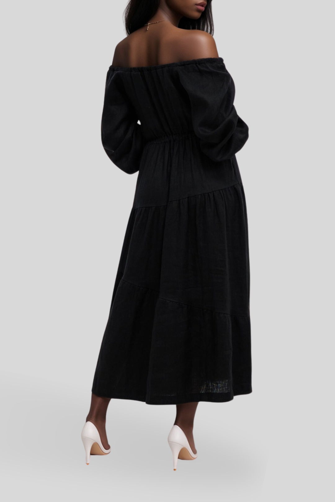 Dress Hire Date night AERE	Off Shoulder Linen Maxi Dress Black