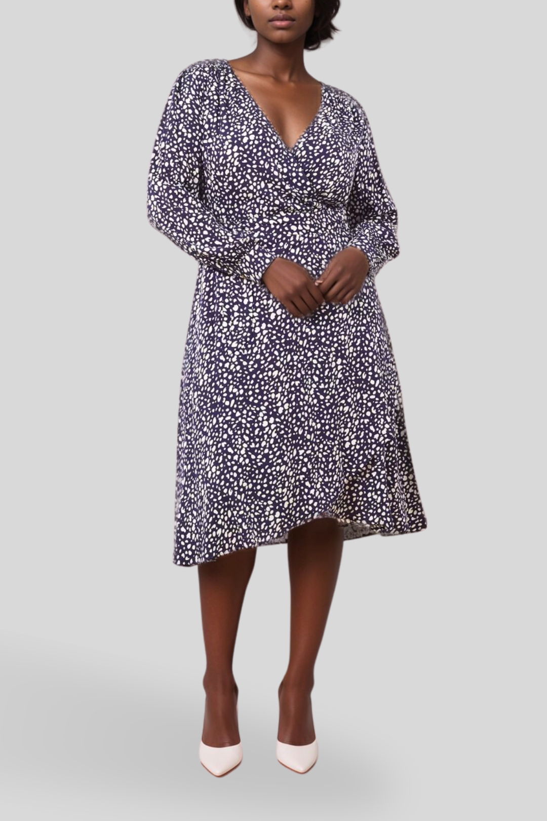 Dress Hire Date Night Atmos&HereLillian Wrap Long Sleeve Midi Dress - Navy Spot 