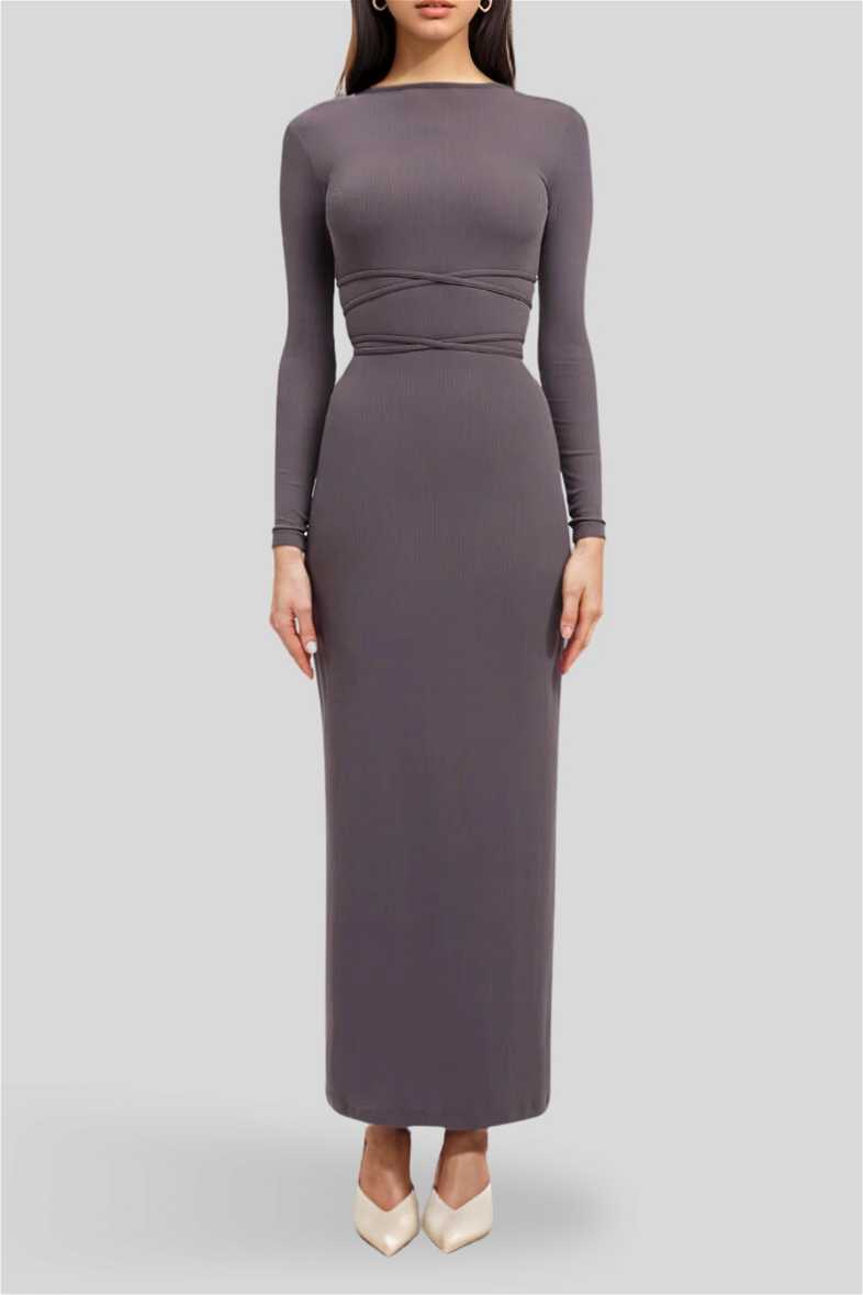 kookai grey dress Hire Sereya Maxi in Graphite | Trocadéro Cocktail Dress