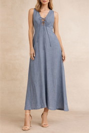 Dress Hire Daytime event AERE Linen Tie Front Midi Dress Blue.