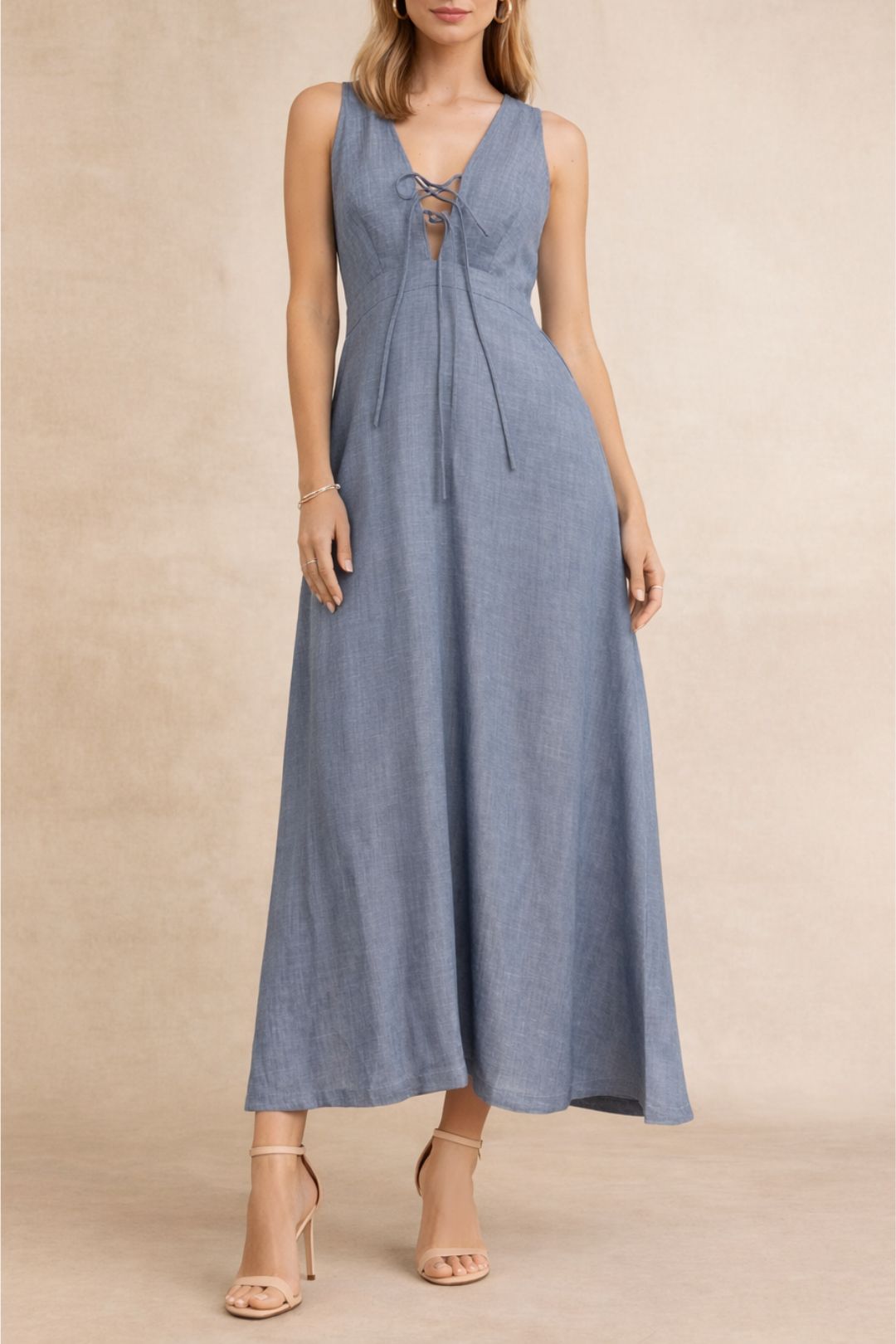 Dress Hire Daytime event AERE Linen Tie Front Midi Dress Blue.