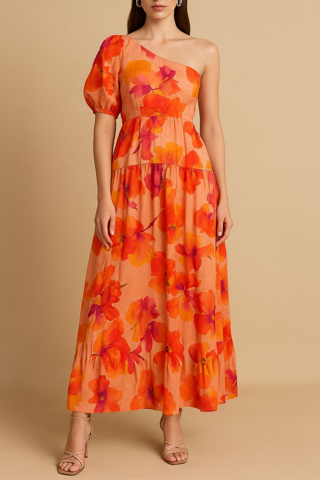 Hire One Shoulder Tiered Dress in Clementine Print | AERE | GlamCorner