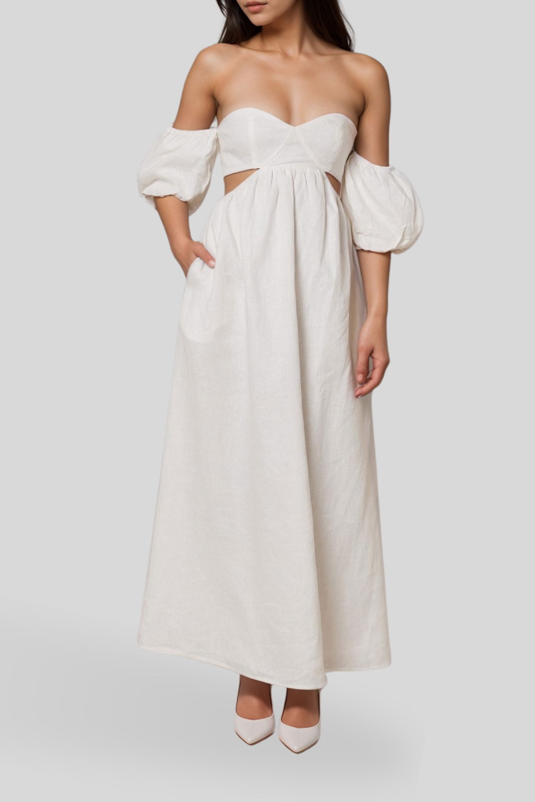 dress hire summer vacation aere Side Detail Off Shoulder Linen Midi Dress