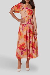 Dress Hire daytime event AERE One Shoulder Tiered Dress Clementine Print
