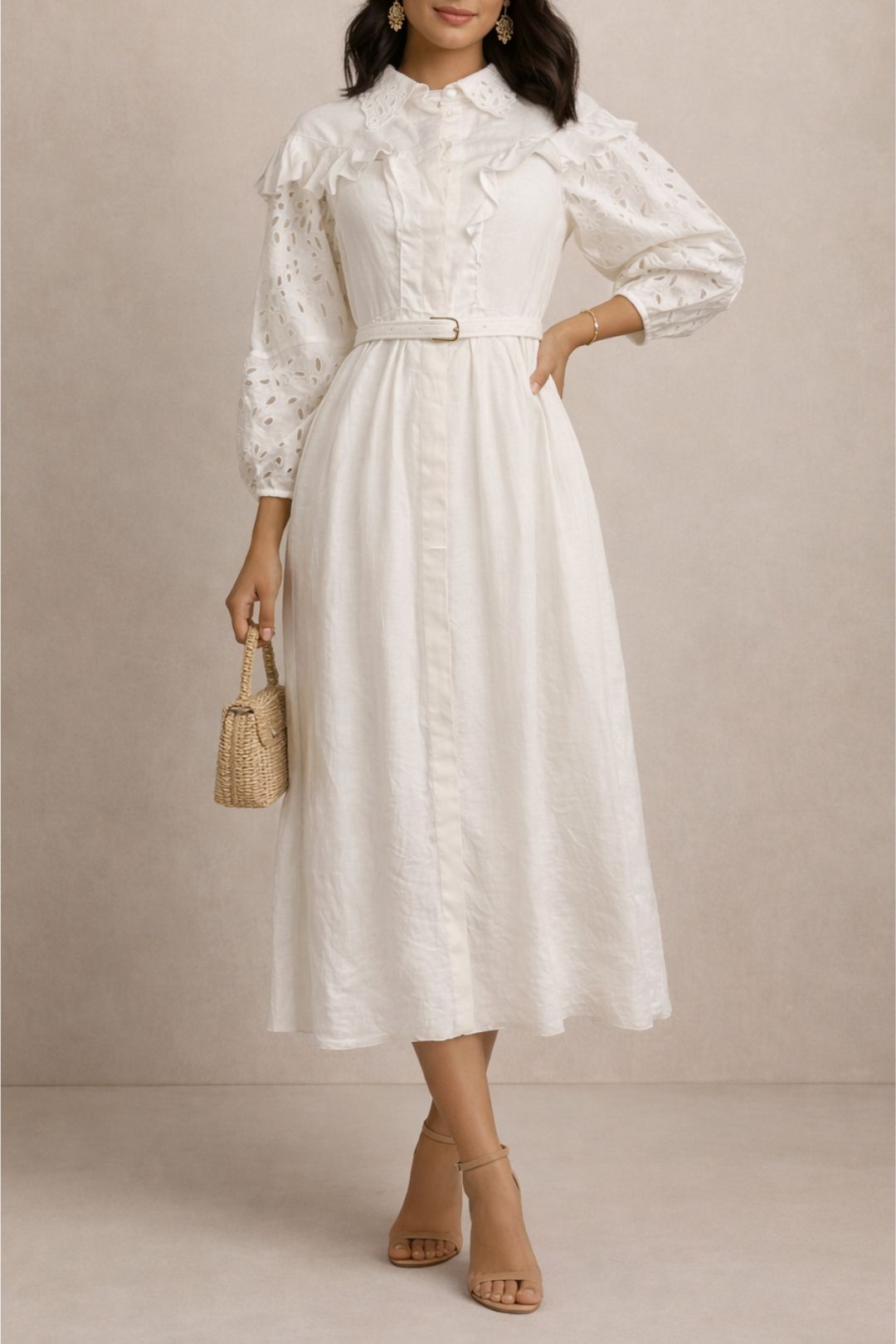 Dress Hire Daytime event Belted Ruffled Broderie Anglaise Linen Maxi Dress