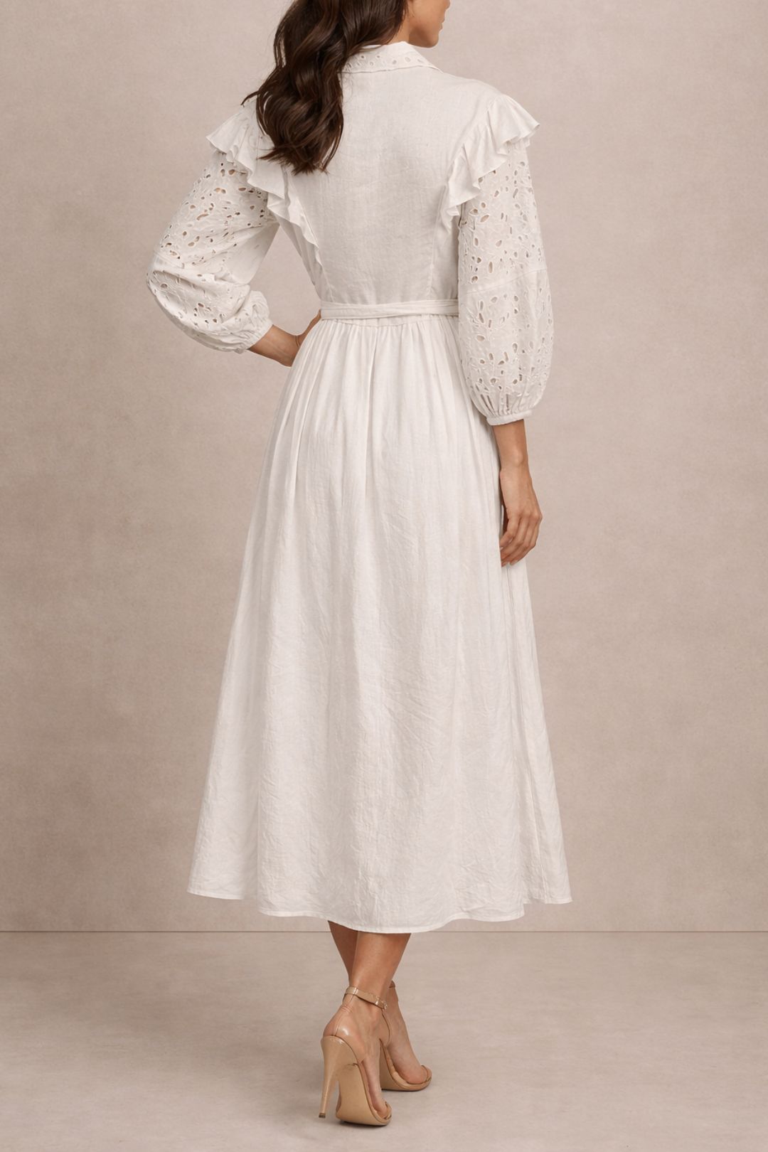 Dress Hire Daytime event Belted Ruffled Broderie Anglaise Linen Maxi Dress
