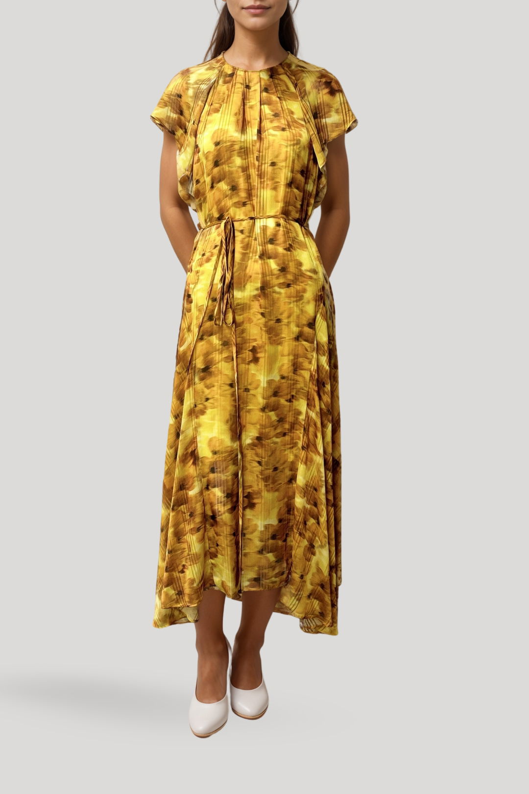 Women Yellow Printed Georgette Dress With Doris At Waist & Sequins
