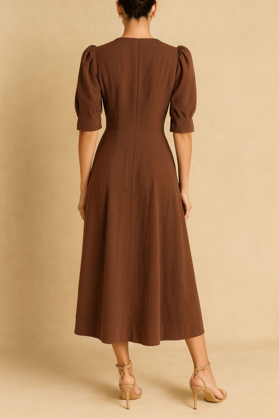 Dress Hire Daytime event Veronika MaineDouble Buttons Puff Sleeve Midi Dress Brown