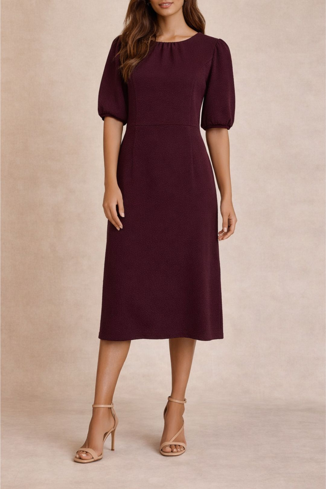 Dress Hire daytime Puff Sleeve Midi Dress in Burgundy 