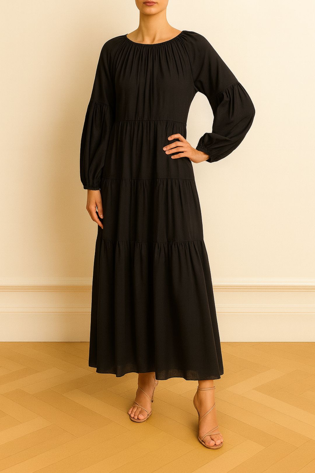 Hire Voluminous Tiered Dress in Black | Matteau | GlamCorner