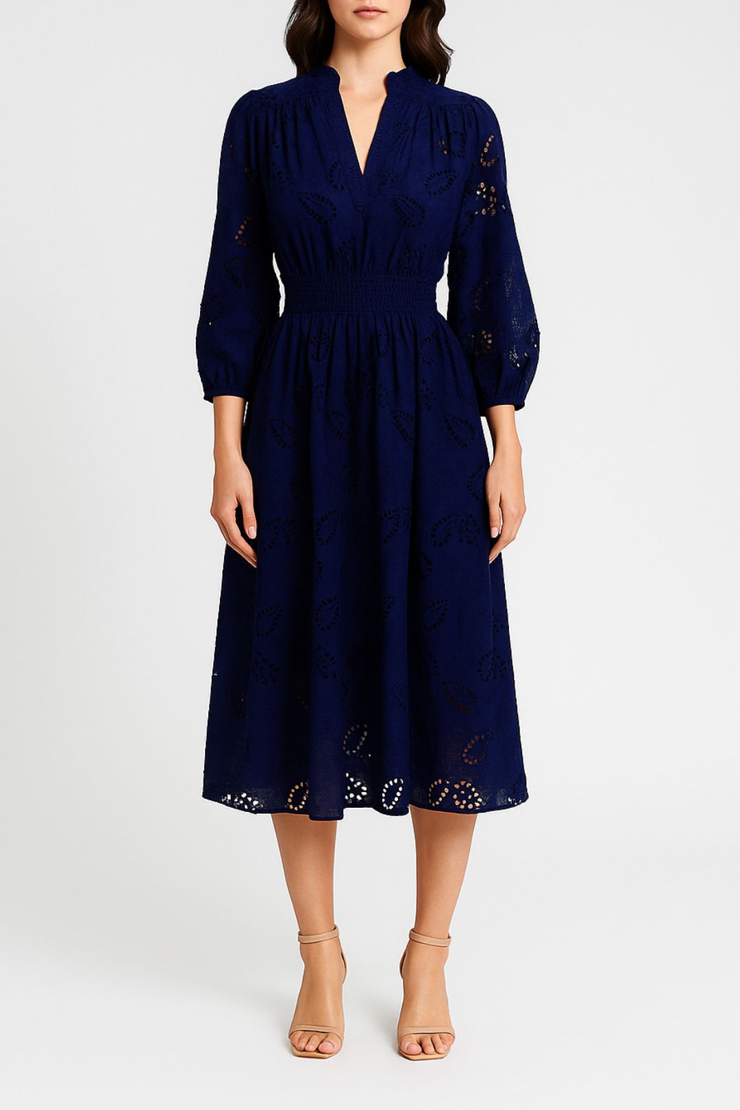 Dress Hire Party David Jones Shirred Waist Broderie Dress in Dark Navy