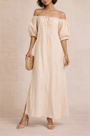 dress hire party Kinga Csilla  Beige Puff Sleeve Maxi