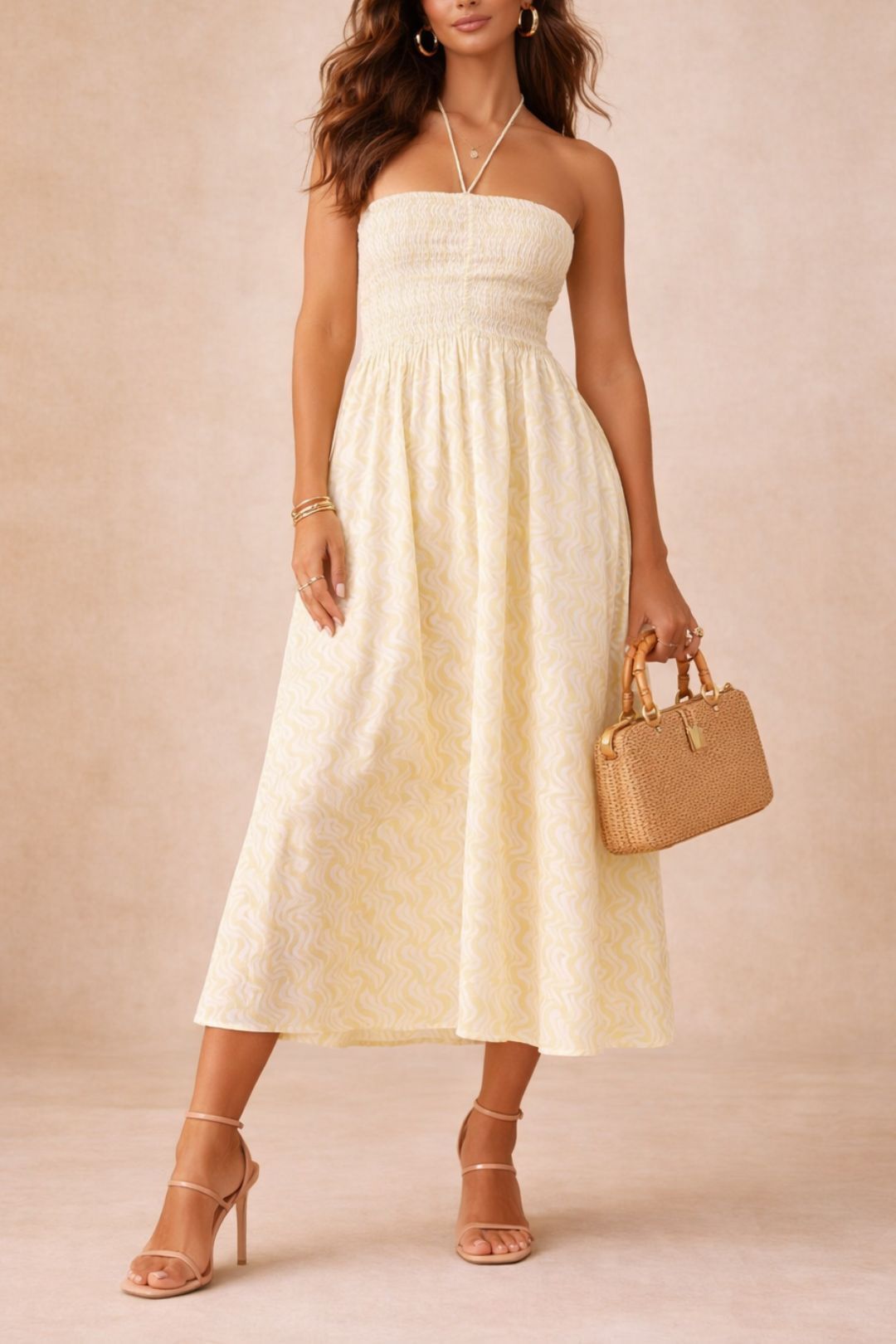 dress hire party Kinga Csilla Beige Wave Pattern Halter Dress