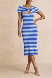 dress hire party Kinga Csilla Off Shoulder Blue Striped Midi Dress