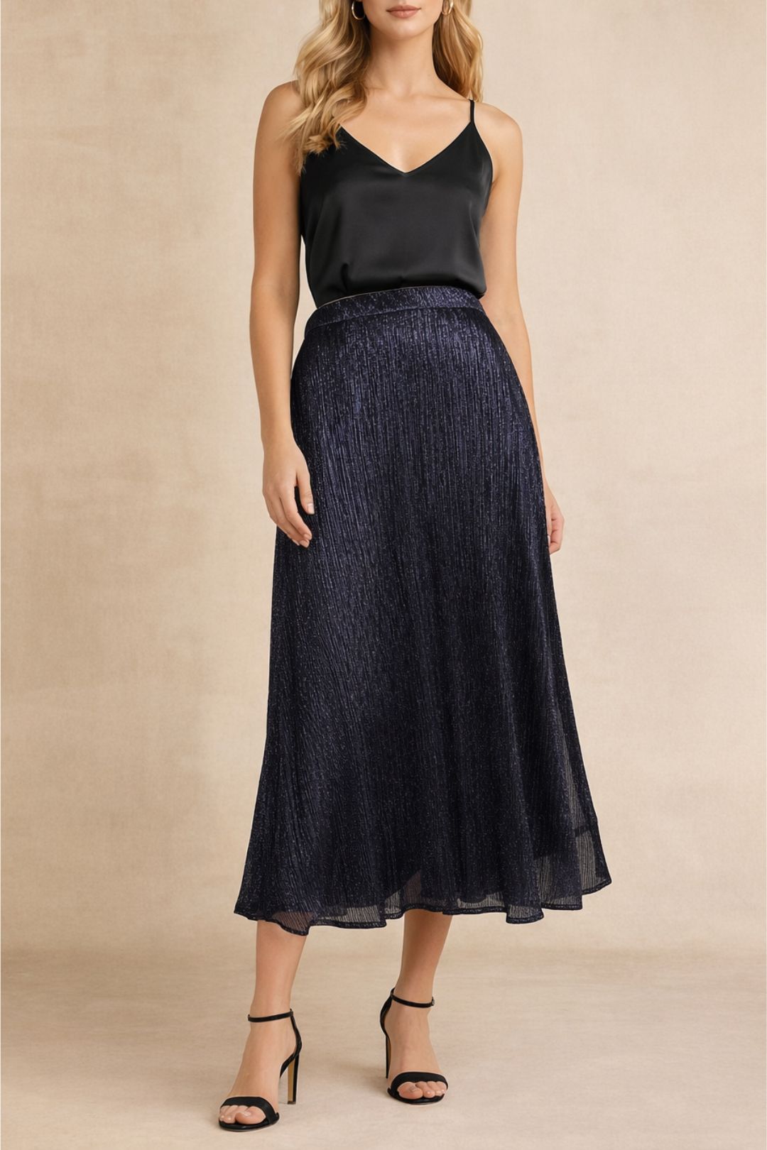 Dress Hire Party Kookai Metallic Midi Skirt in Navy A Line