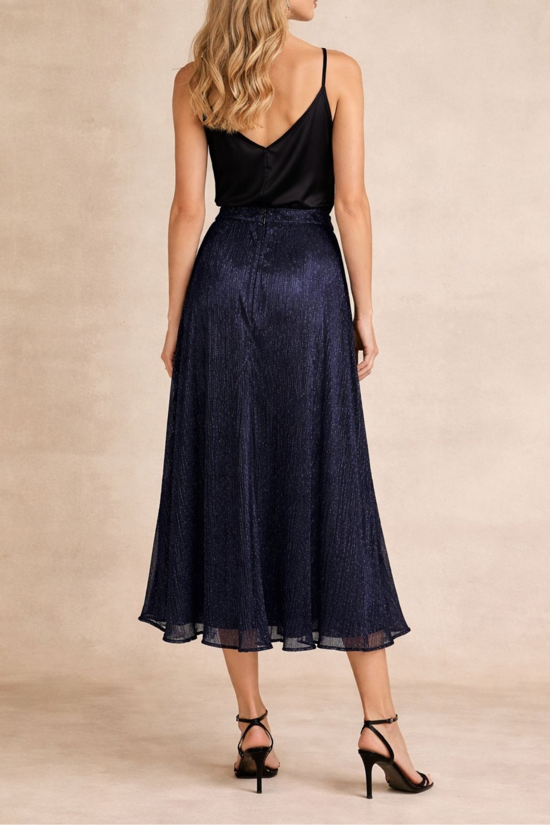 Dress Hire Party Kookai Metallic Midi Skirt in Navy A Line