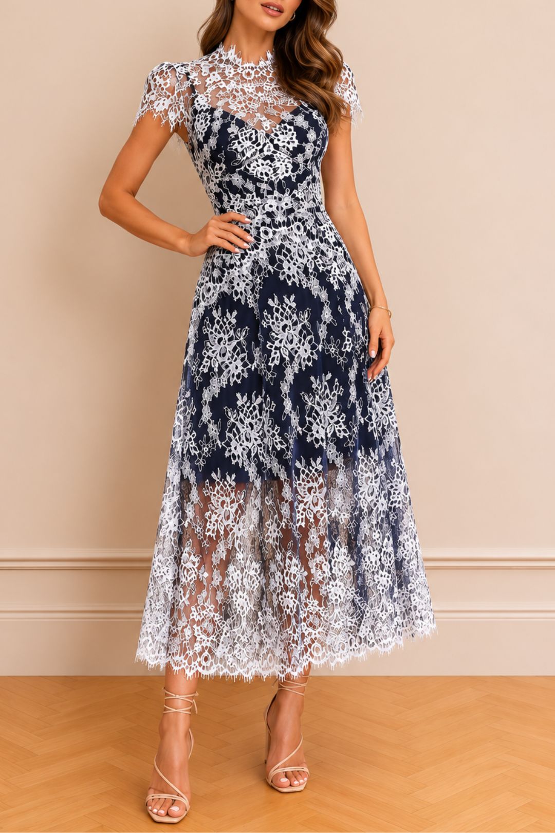 Dress Hire Party Moss and Spy  Natalie Dress - Midnight White Lace Short Sleeve