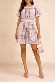 Dress Hire Party SteelePink Paisley Smocked Mini Dress