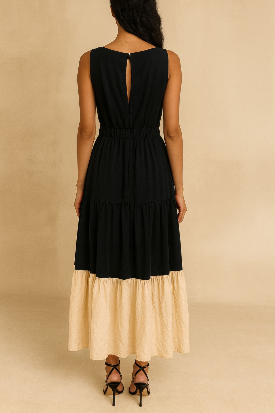 dress hire party Veronika Maine	Soft Tencel Spliced Tiered Dress in Ink/Cream