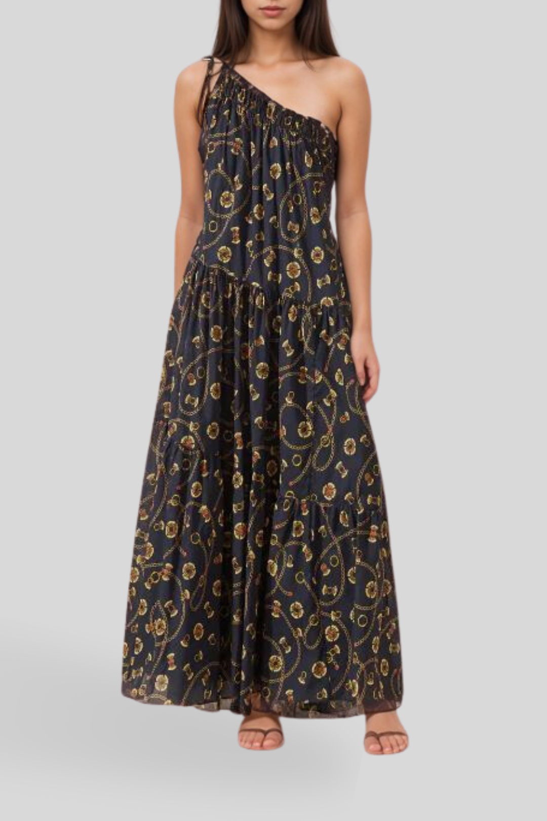 Saona One Shoulder Tiered Ruffle Sleeve Twist Asymmetrical Slit Gown Maxi Dress