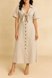 dress hire brunch aere Linen Collared Front Tie Midi Dress
