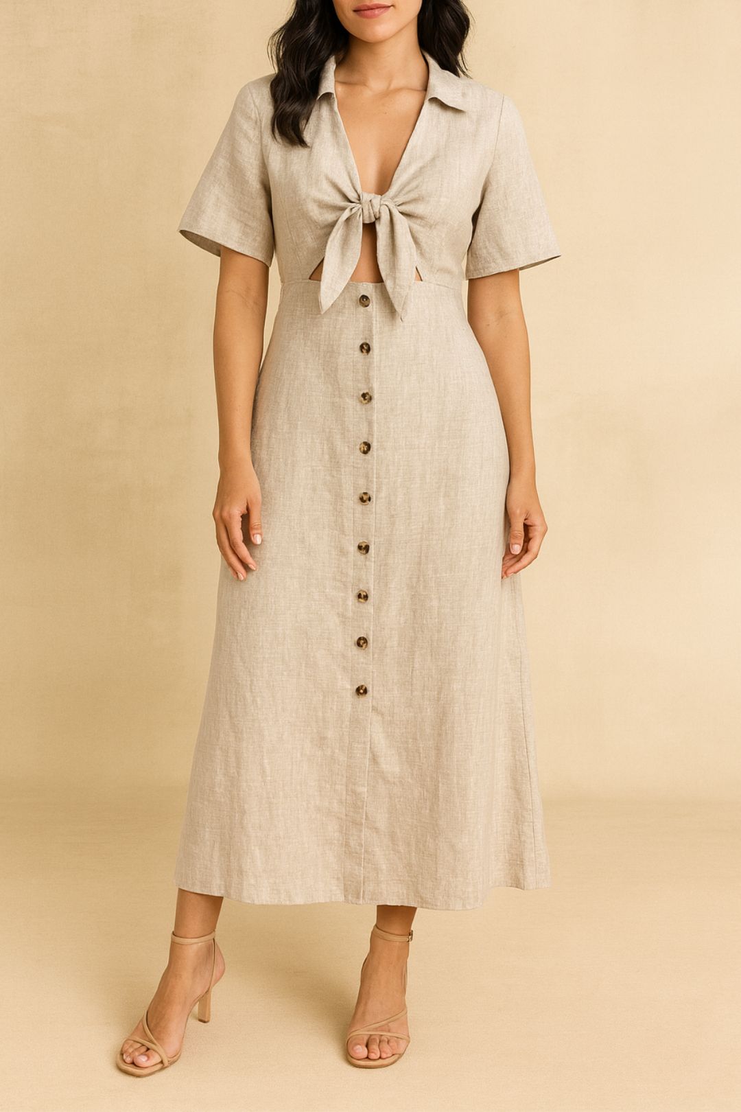 dress hire brunch aere Linen Collared Front Tie Midi Dress