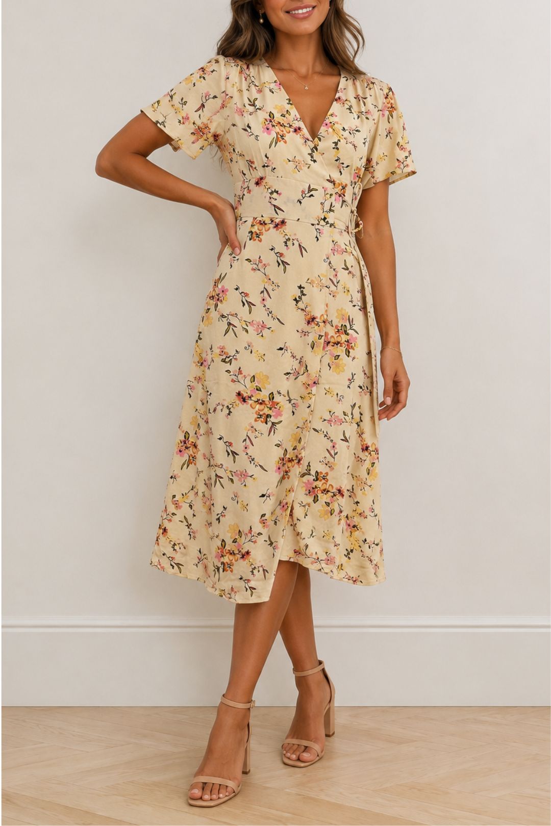 Dress Hire Vero Moda	Wrap Midi Dress In Cream Floral