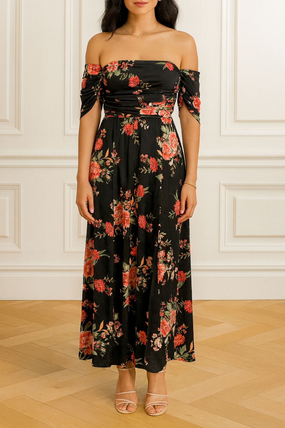 Dress Hire Wedding event Nookie Floral Draped Black Dress