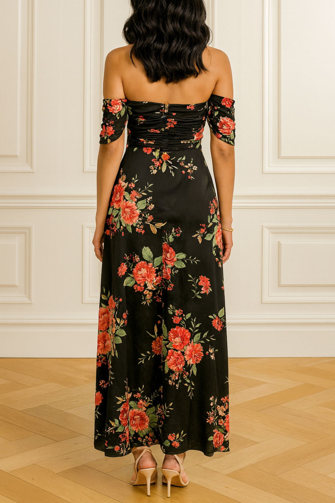 Dress Hire Wedding event Nookie Floral Draped Black Dress