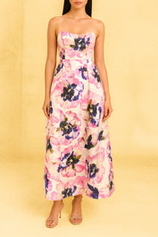 Dress Hire wedding guest AERE Linen Strapless Empire Waist Midi Dress Floral