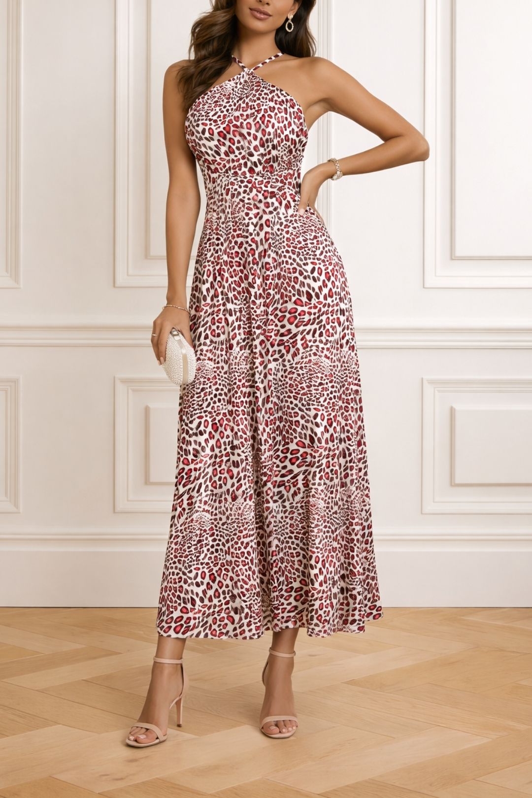 Dress Hire Wedding Guest CUE Animal Print Halter Sleeve Dress