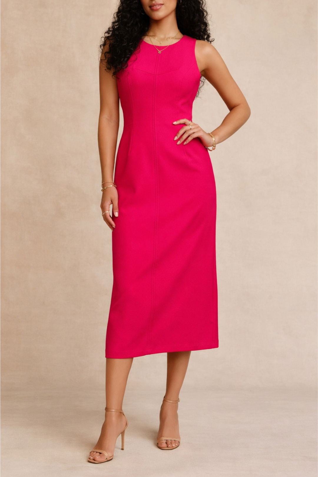 Dress Hire Wedding Guest Cue	Topstitched Panel Column Dress in Pink
