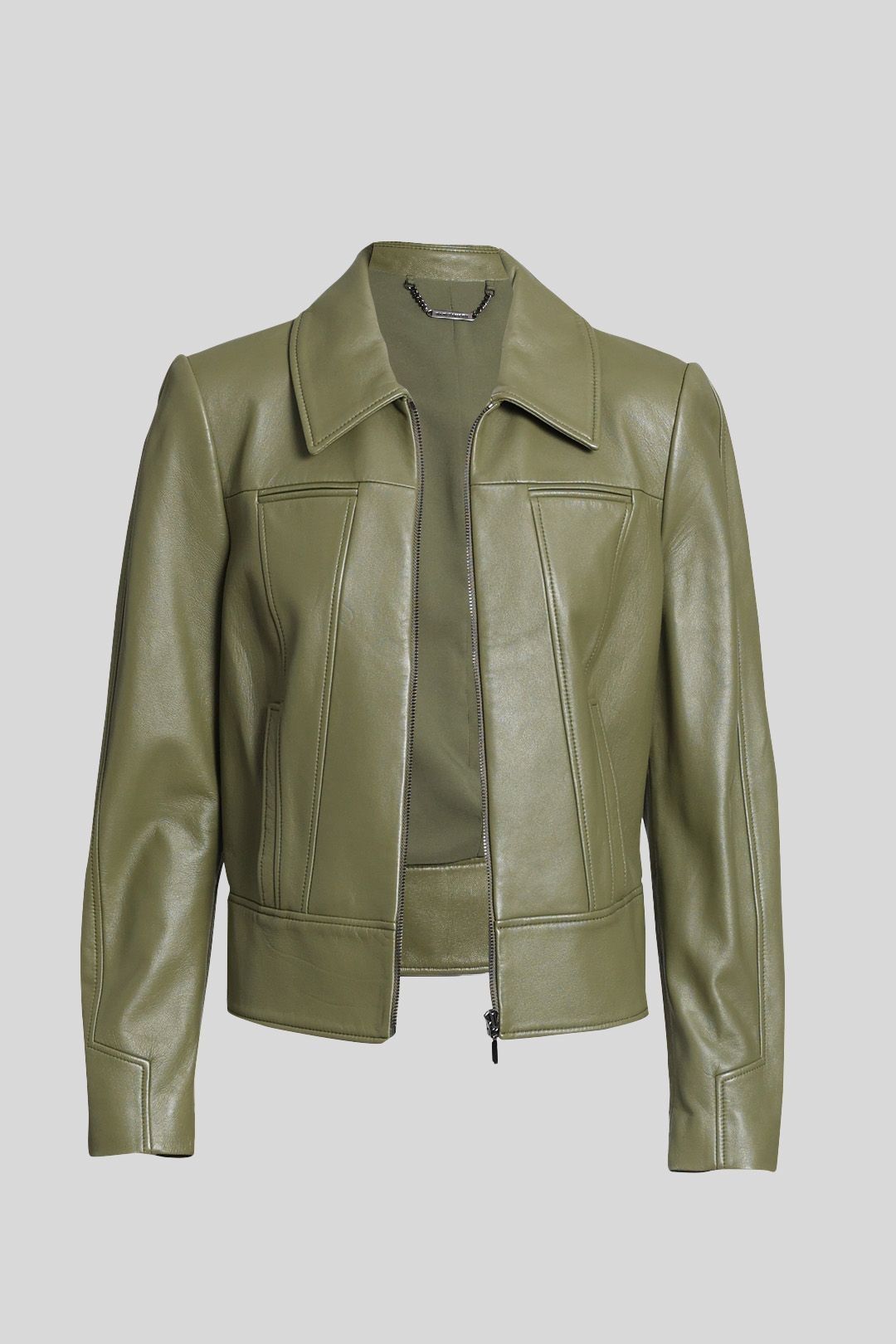 Buy Khaki Lamb Leather Collared Jacket Elie Tahari GlamCorner