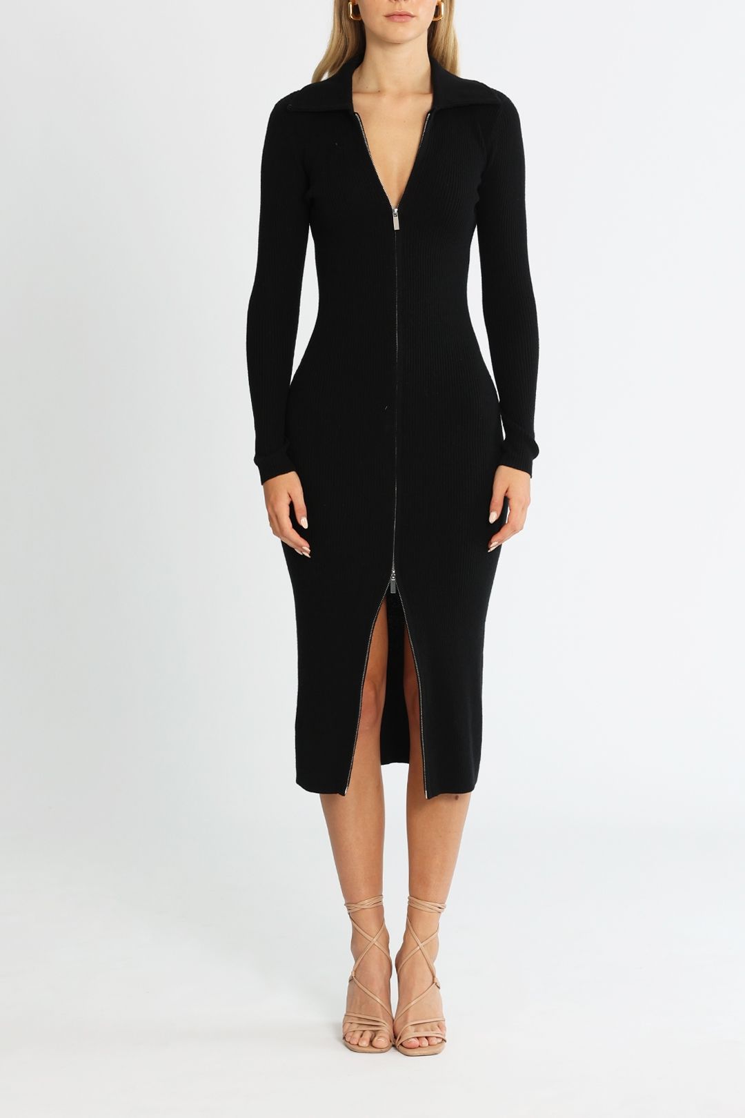 Black Long Sleeve Bodycon Knitted Midi Dress | SilkFred US