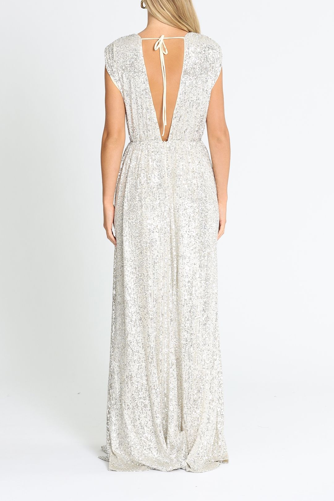 Hire Wrap Style V Neck Sequin Gown - Silver | Elle Zeitoune | GlamCorner