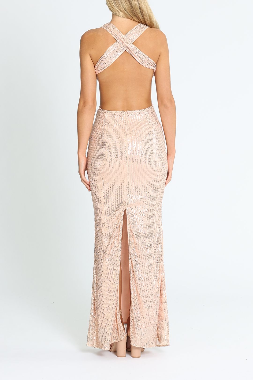 Elle Zeitoune Cut Out Detailed Sequin Gown Rose Gold Backless