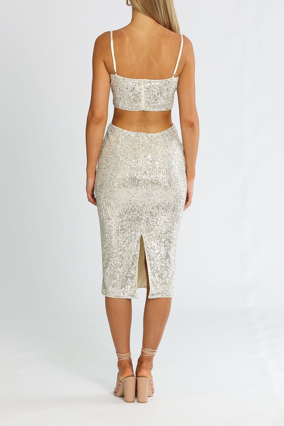 Hire Cut Out Sequin Midi Dress in Silver | Elle Zeitoune | GlamCorner