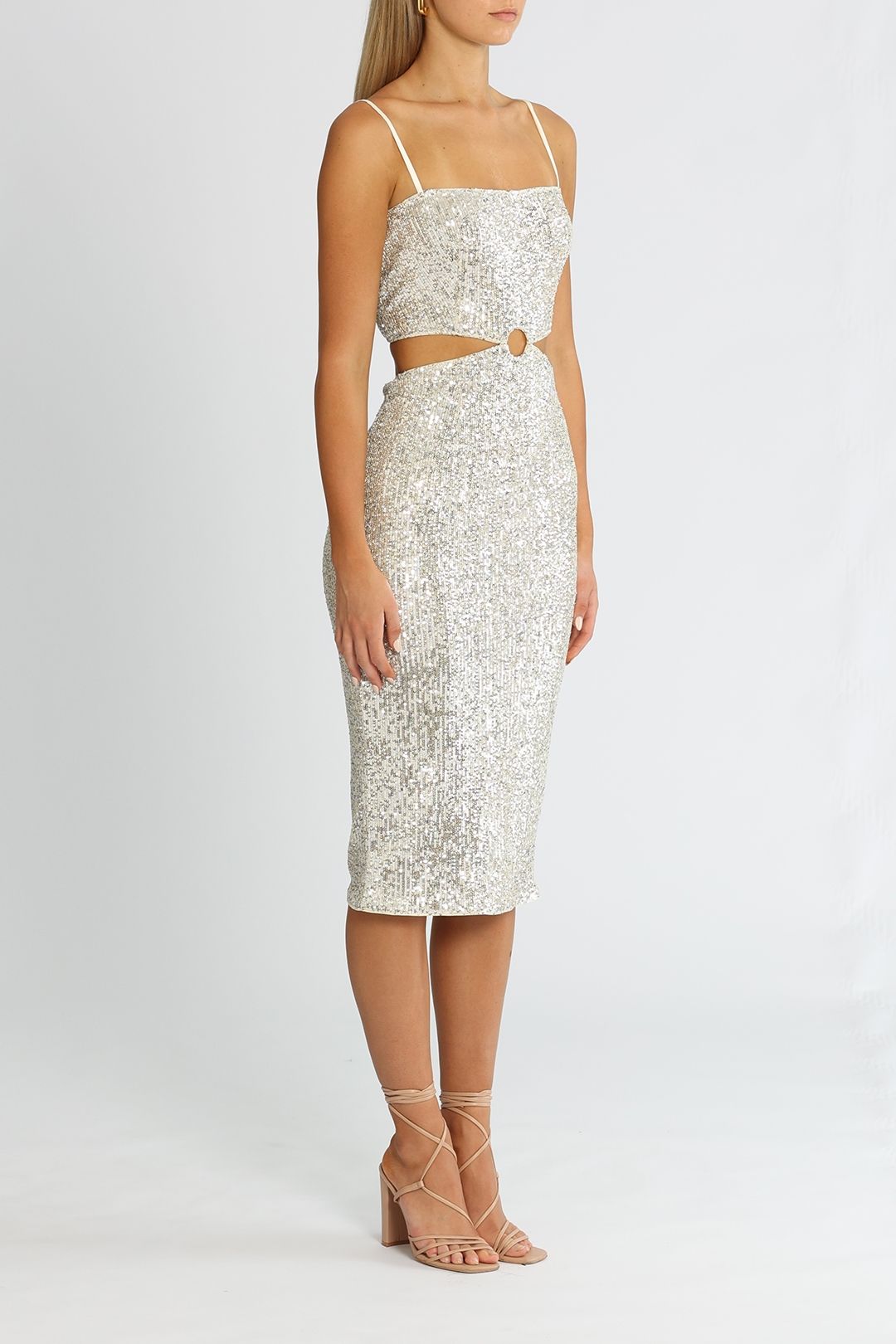 Can't Hardly Wait Cut-Out Midi Dress Sequin White