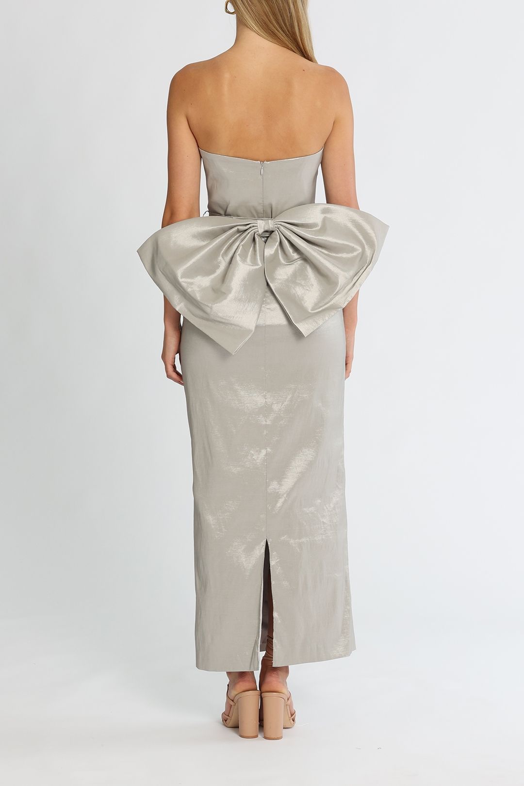 Elle Zeitoune Fitted Strapless Dress Silver Bow Detail
