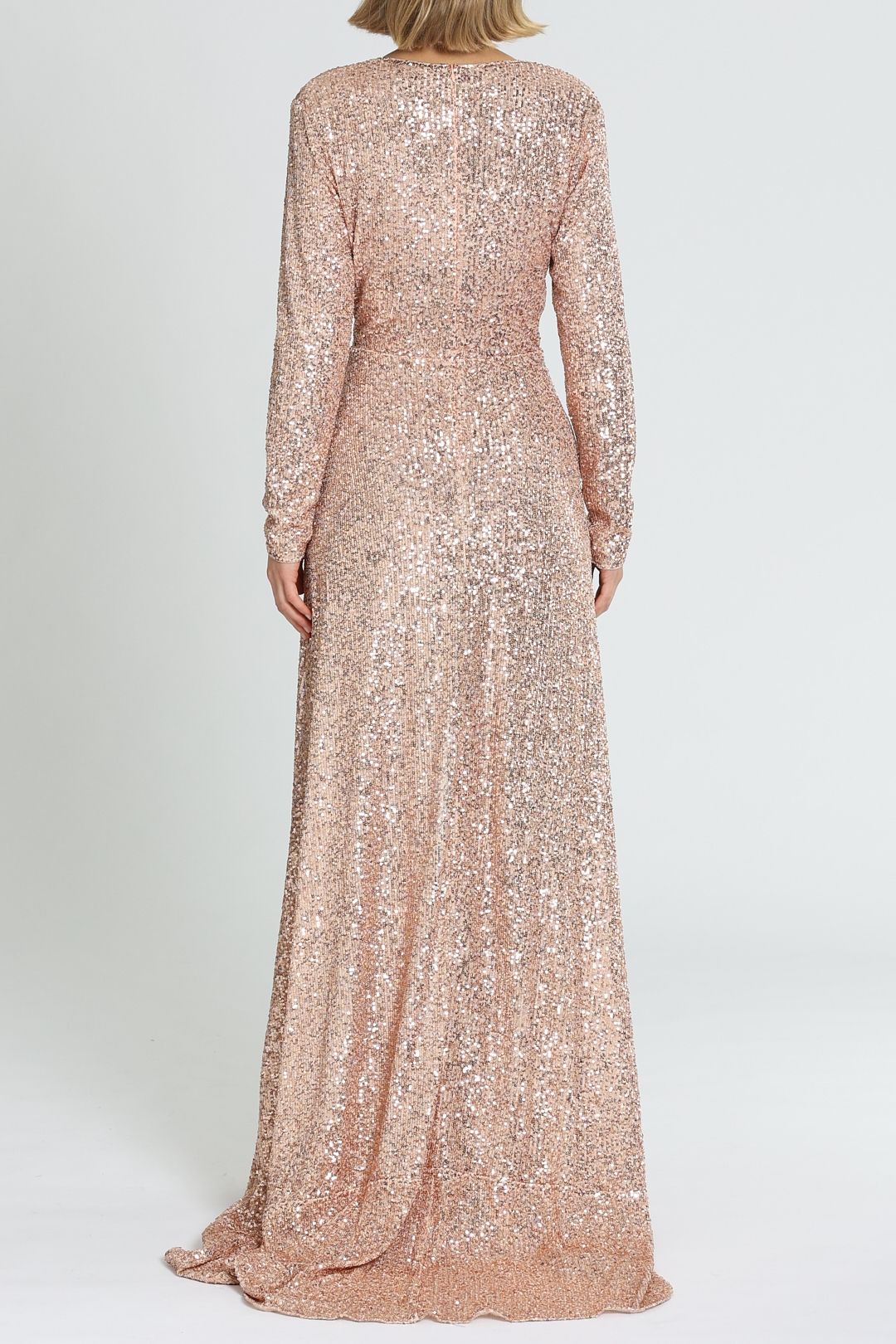 Long sleeve rose gold gown on sale