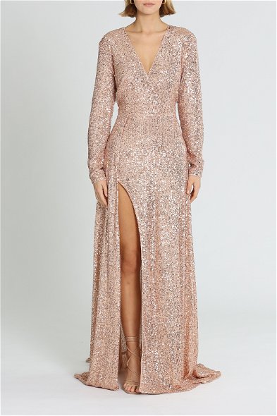 capture the moon rose gold long sleeve sequin maxi dress Hire Fontaine Gown in | Elle Zeitoune flaunting maxi dress with