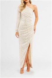 Elle Zeitoune Opal Midi Dress Champagne Silver One Shoulder