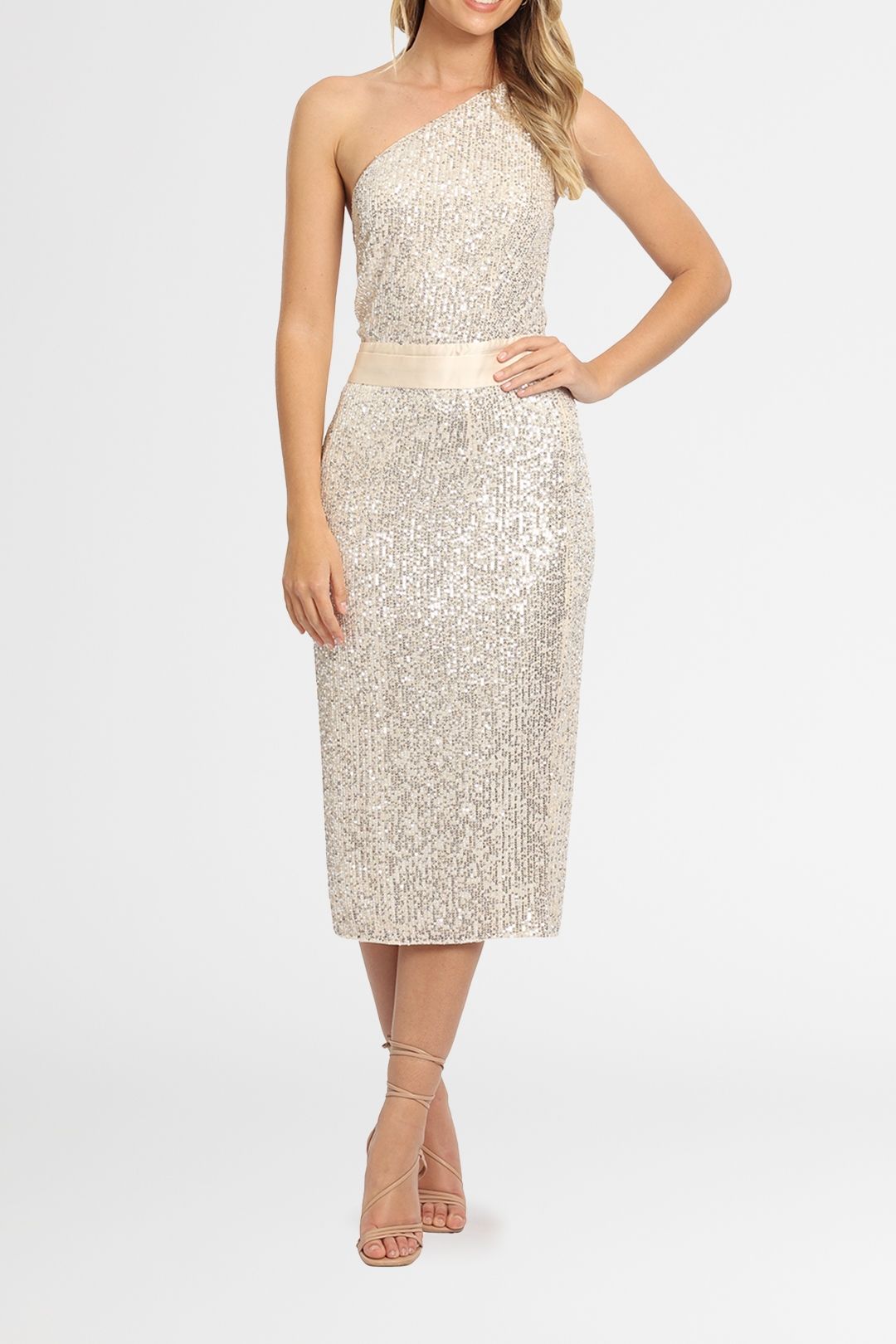 strapless open back dress Double Strap Back One Shoulder Crepe Midi Dress – Camille La Vie main image 1