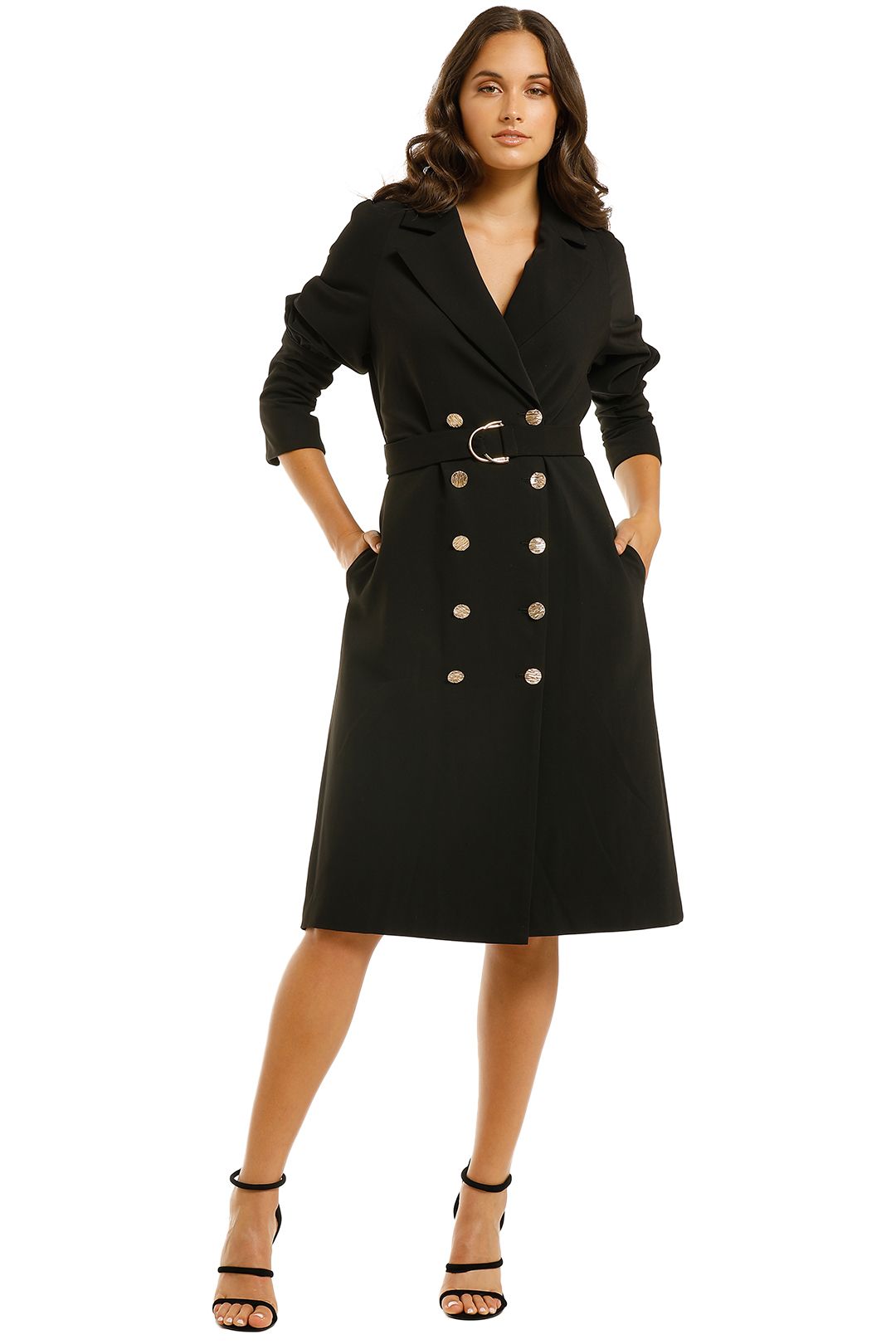 Black trench coat with gold outlet buttons